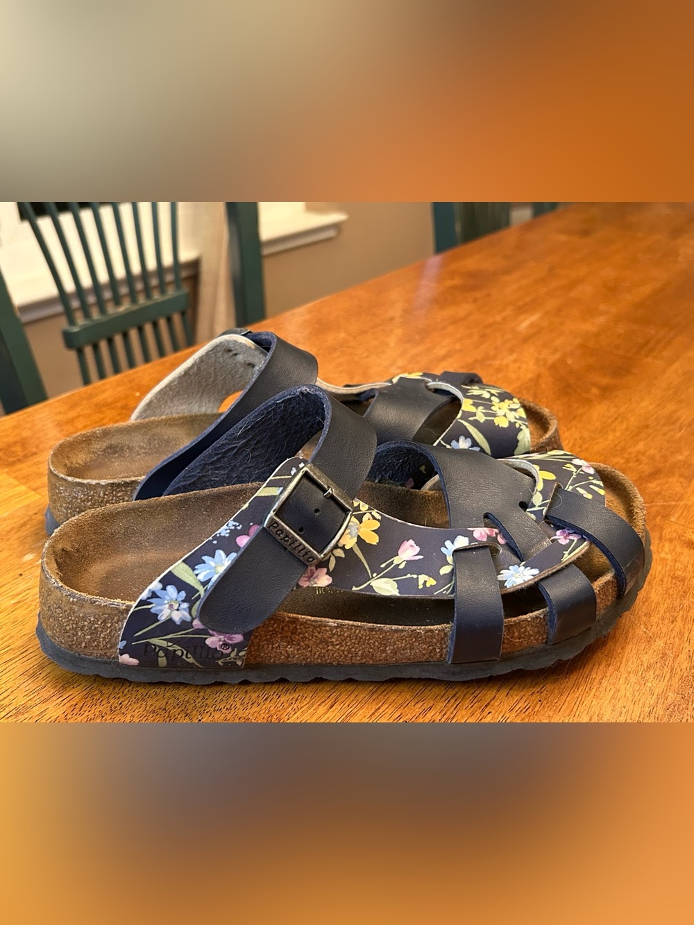 Papillio Birkenstock Pisa Sandals Womens Size 6 Navy Blue Floral Comfort Cork
